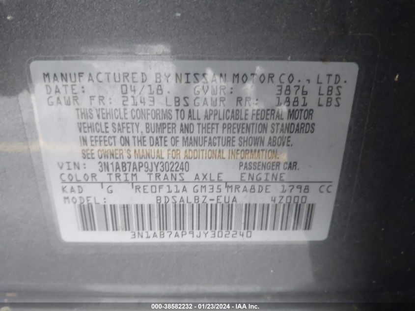 2018 NISSAN SENTRA S/SV/SR/SL - 3N1AB7AP9JY302240