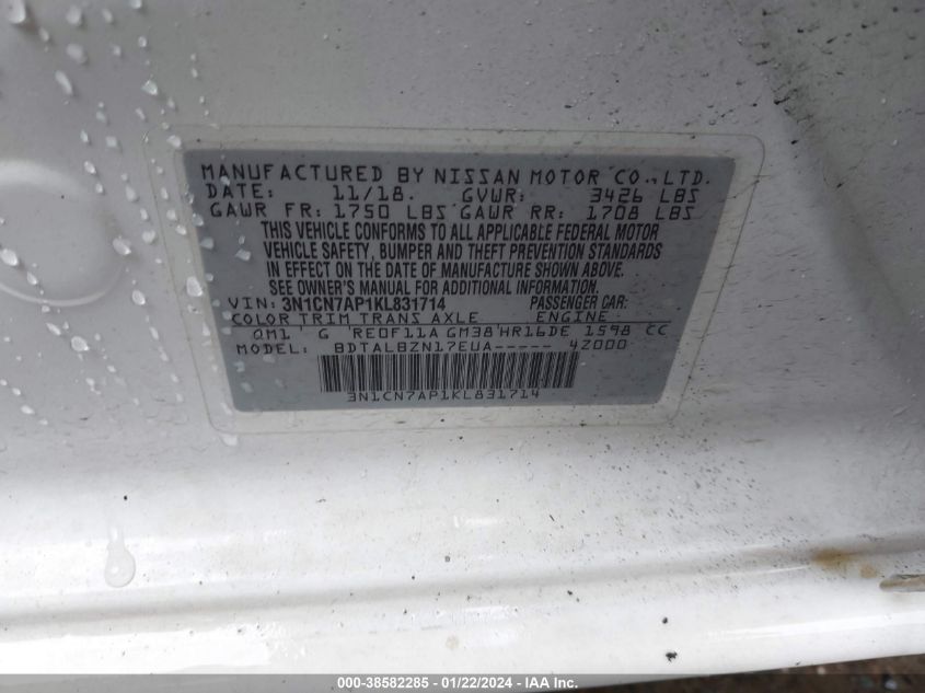 2019 NISSAN VERSA 1.6 SV - 3N1CN7AP1KL831714