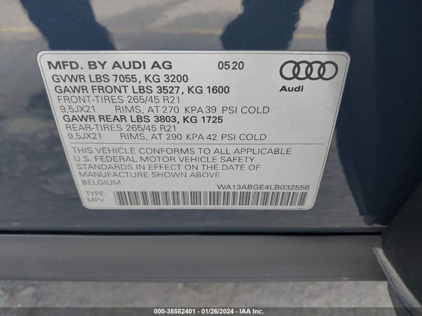 2020 AUDI E-TRON SPORTBACK SPORTBACK PRESTIGE WA13ABGE4LB032556