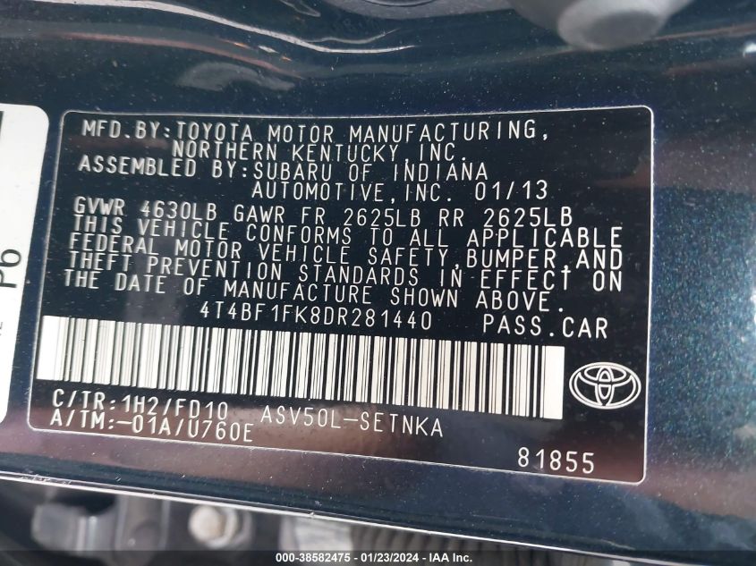 2013 TOYOTA CAMRY L/SE/LE/XLE - 4T4BF1FK8DR281440