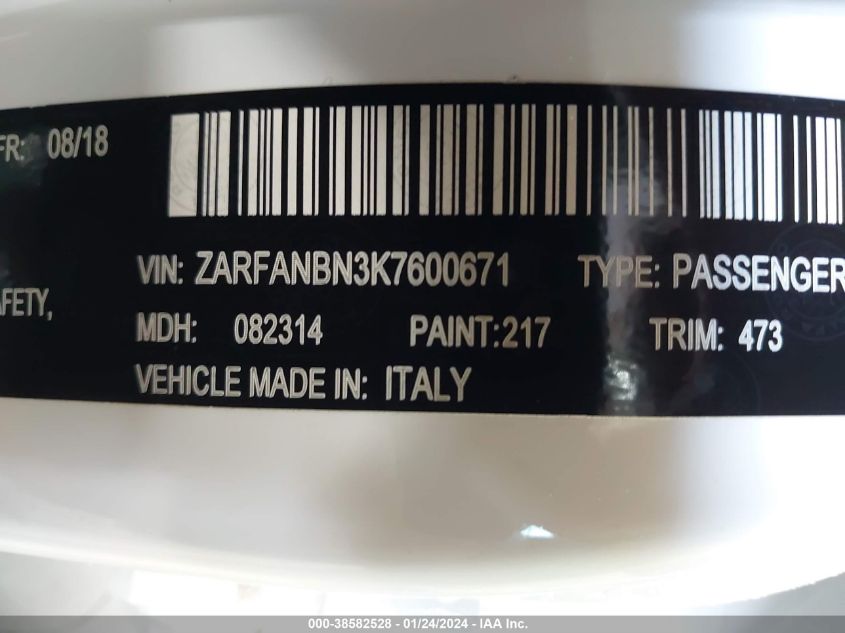 2019 ALFA ROMEO GIULIA TI SPORT AWD - ZARFANBN3K7600671