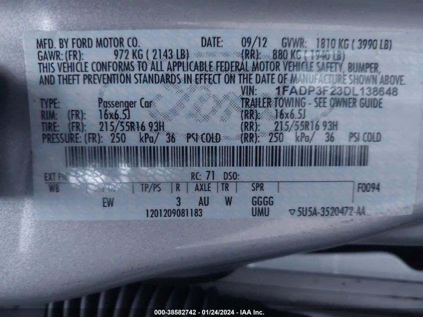 2013 FORD FOCUS SE - 1FADP3F23DL138648