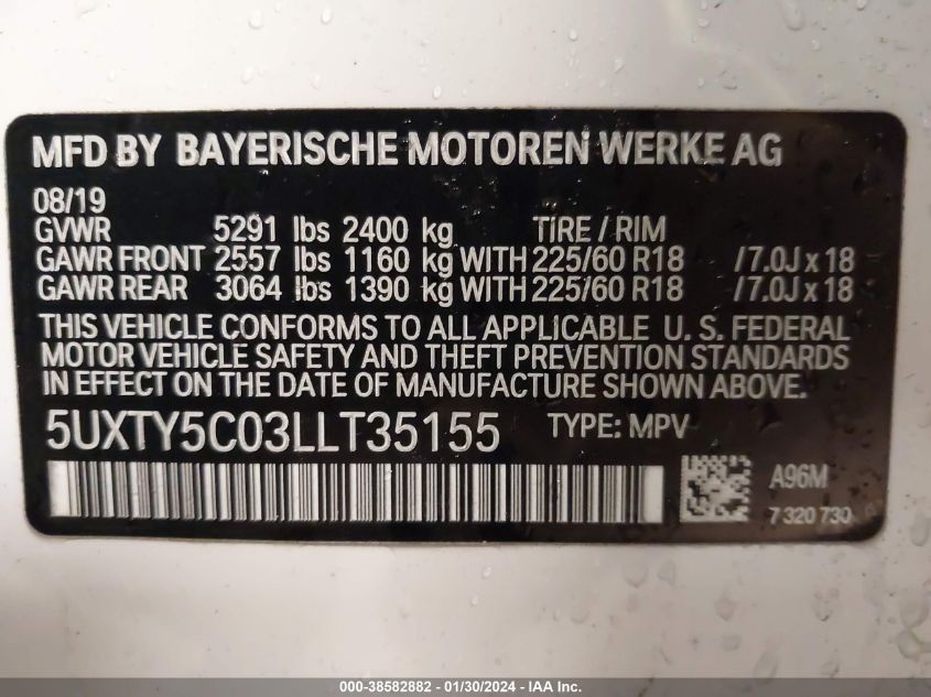2020 BMW X3 XDRIVE30I - 5UXTY5C03LLT35155