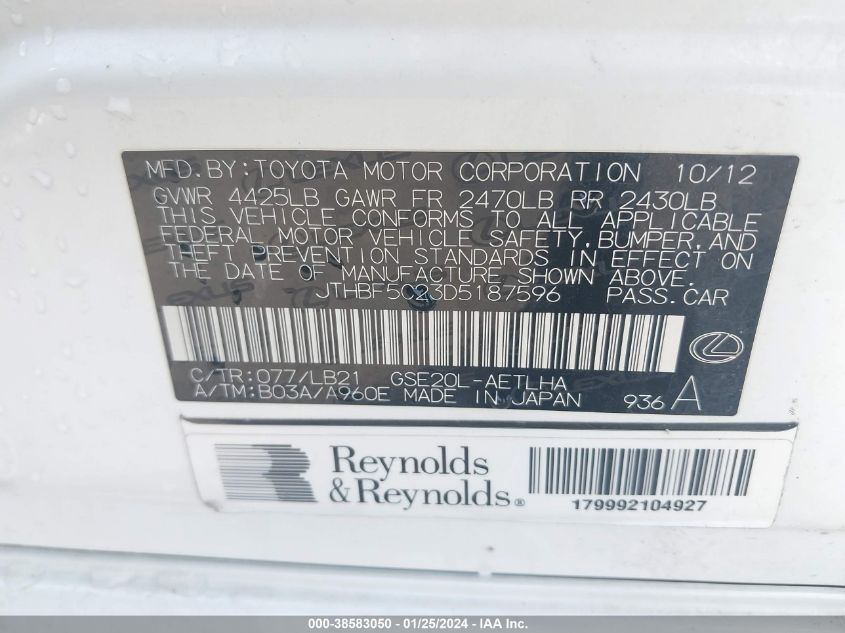 2013 LEXUS IS 250 - JTHBF5C23D5187596