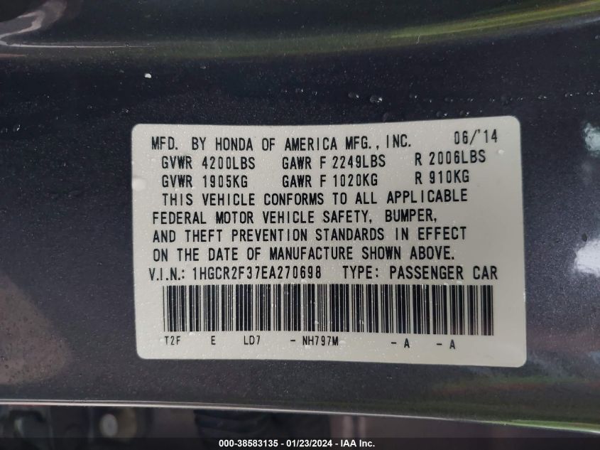 2014 HONDA ACCORD LX - 1HGCR2F37EA270698