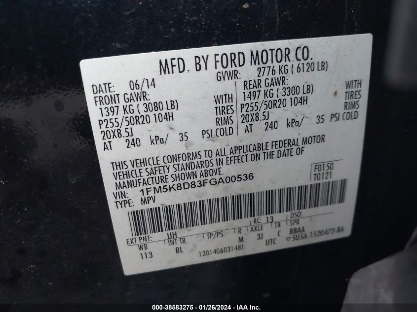 2015 FORD EXPLORER XLT - 1FM5K8D83FGA00536