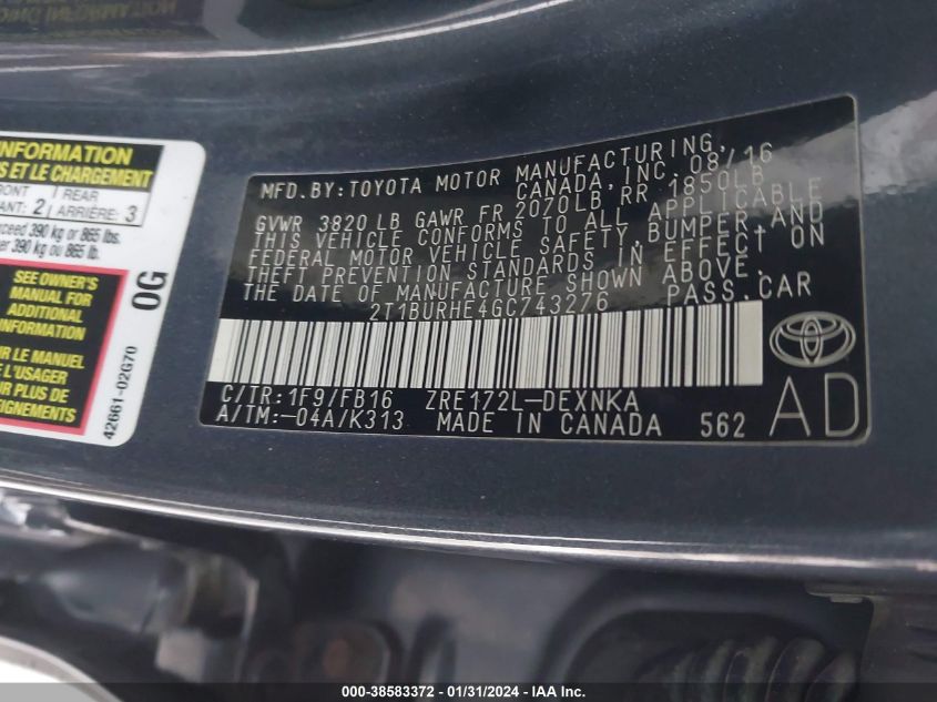 2016 TOYOTA COROLLA L/LE/LE PLS/PRM/S/S PLS - 2T1BURHE4GC743276