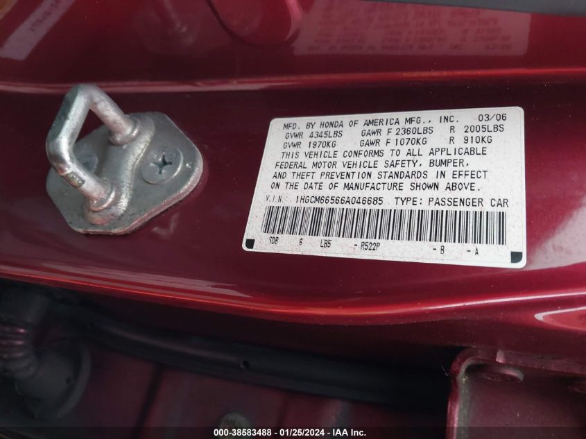 1HGCM66566A046685 | 2006 HONDA ACCORD