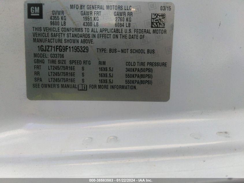2015 GMC SAVANA 3500 LT 1GJZ71FG9F1195329