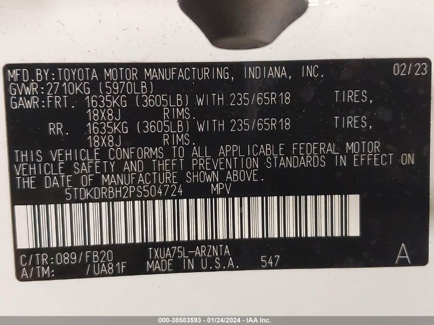 2023 TOYOTA HIGHLANDER L - 5TDKDRBH2PS504724