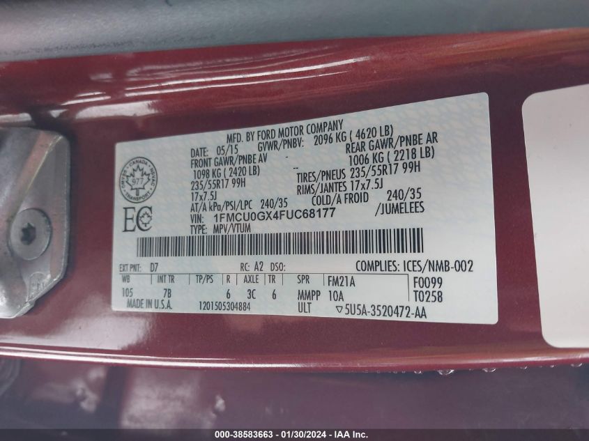2015 FORD ESCAPE SE - 1FMCU0GX4FUC68177