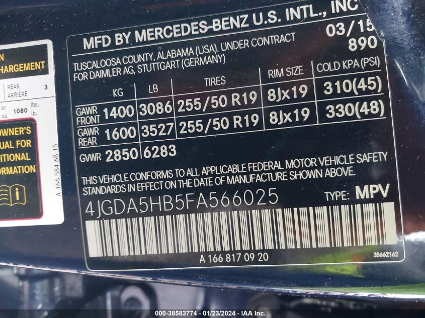 2015 MERCEDES-BENZ ML 350 4MATIC - 4JGDA5HB5FA566025