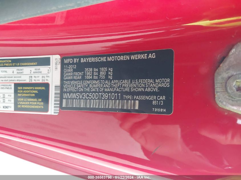 2013 MINI HARDTOP COOPER S - WMWSV3C50DT391011