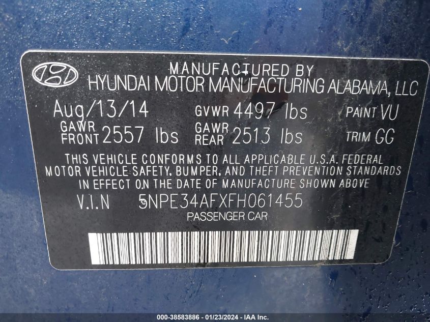 5NPE34AFXFH061455 | 2015 HYUNDAI SONATA