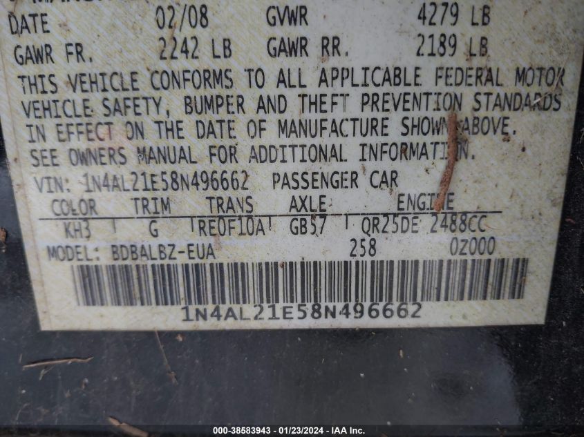 1N4AL21E58N496662 | 2008 NISSAN ALTIMA