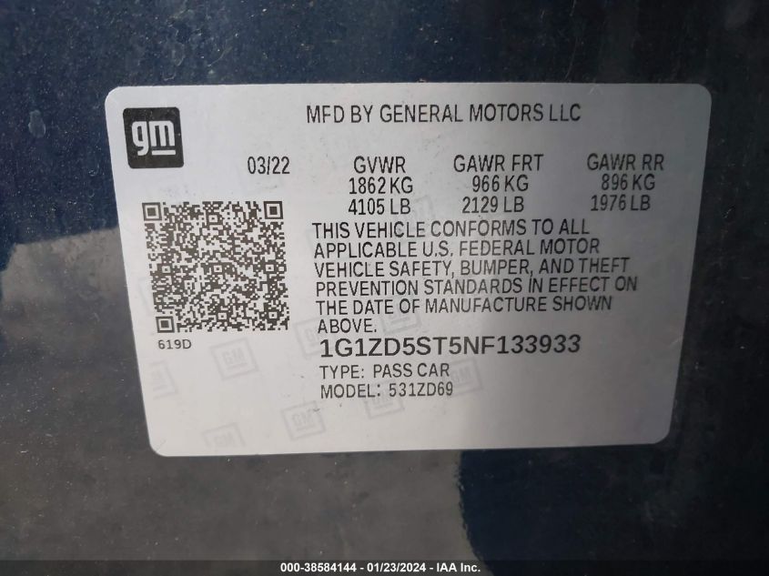 2022 CHEVROLET MALIBU LT - 1G1ZD5ST5NF133933