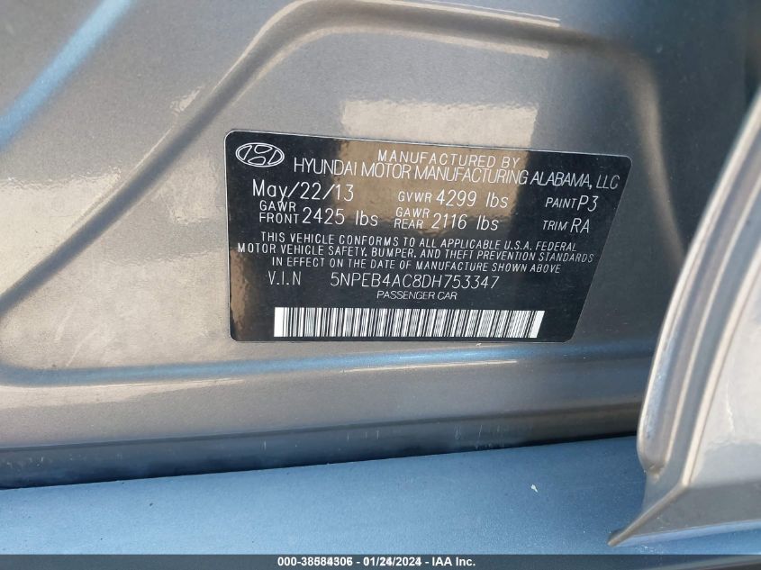 2013 HYUNDAI SONATA GLS - 5NPEB4AC8DH753347