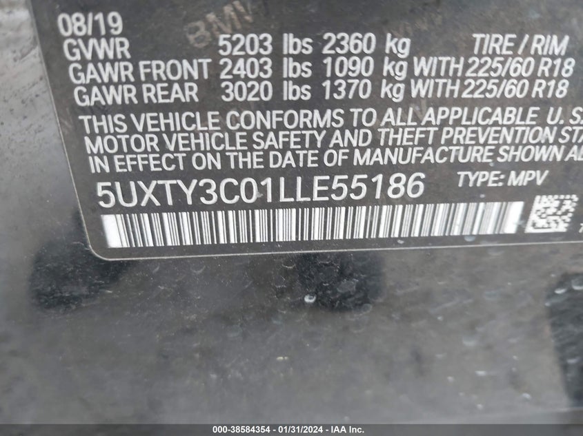 VIN 5UXTY3C01LLE55186 2020 BMW X3 SDRIVE30I