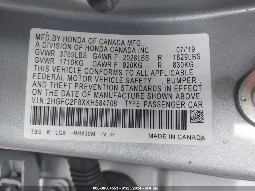 2019 HONDA CIVIC SPORT - 2HGFC2F8XKH584708