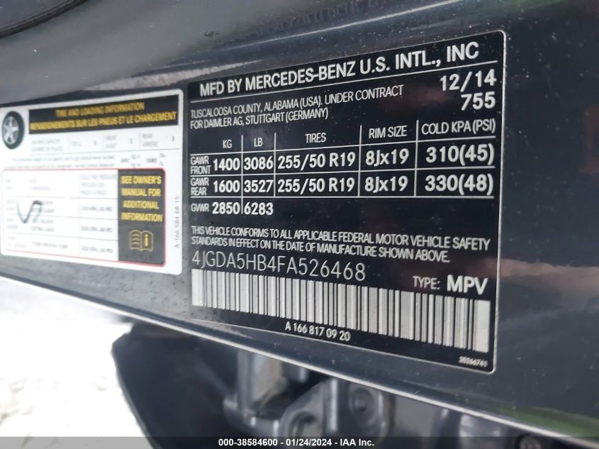 2015 MERCEDES-BENZ ML 350 350 4MATIC - 4JGDA5HB4FA526468