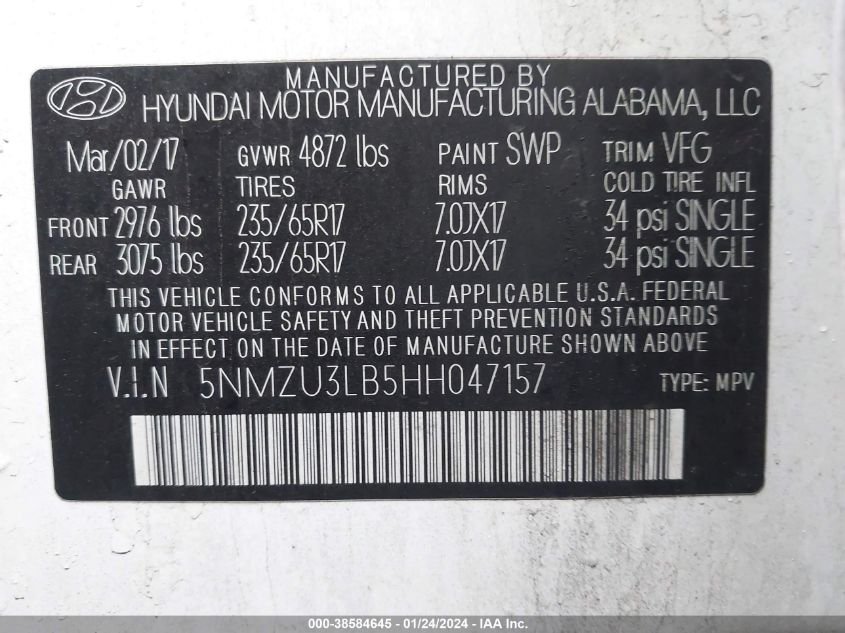 2017 HYUNDAI SANTA FE SPORT 2.4L - 5NMZU3LB5HH047157