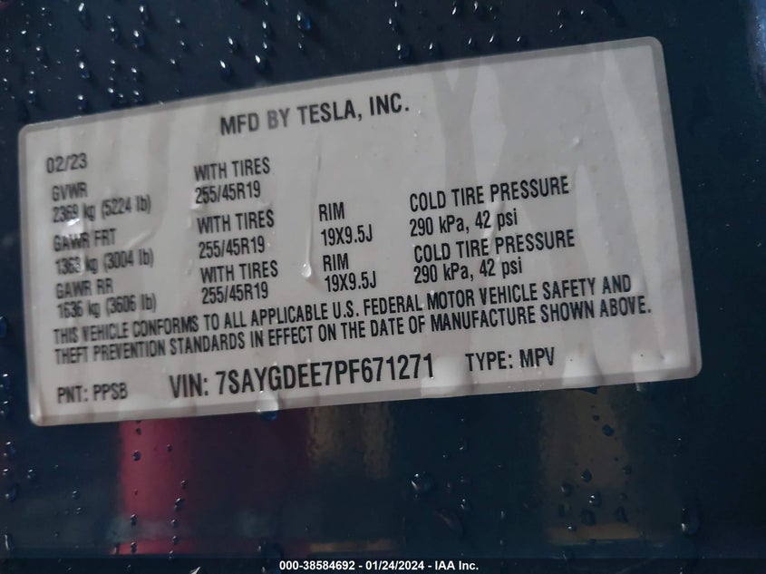VIN 7SAYGDEE7PF671271 2023 TESLA MODEL Y AWD/LONG RANGE DUAL MOTOR ALL-WHEEL DRIVE