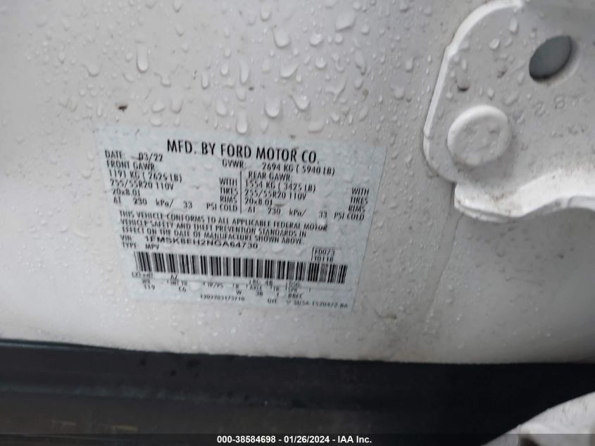 2022 FORD EXPLORER LIMITED - 1FMSK8FH2NGA64730