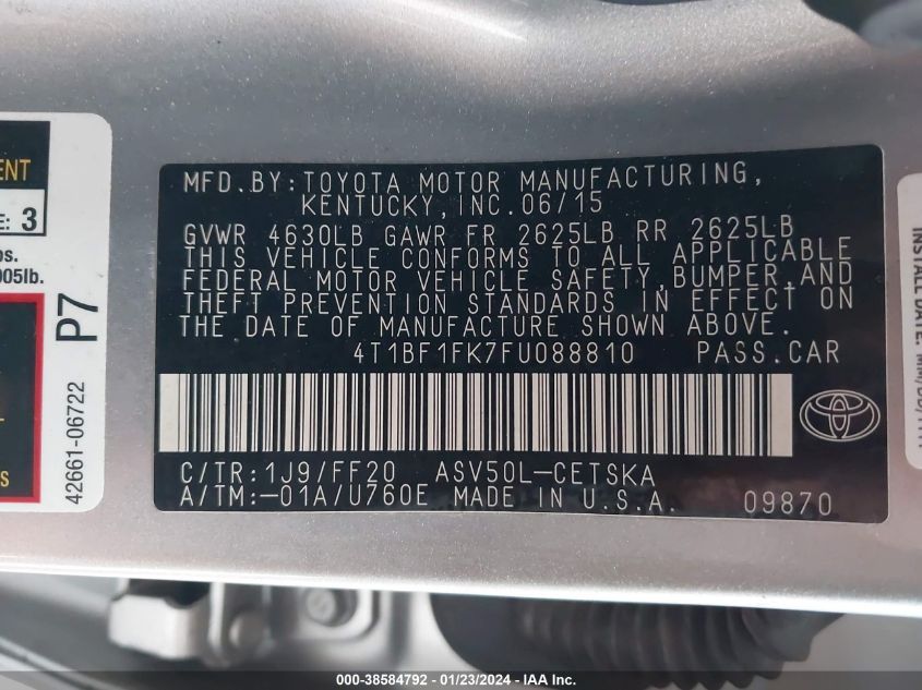 2015 TOYOTA CAMRY SE - 4T1BF1FK7FU088810