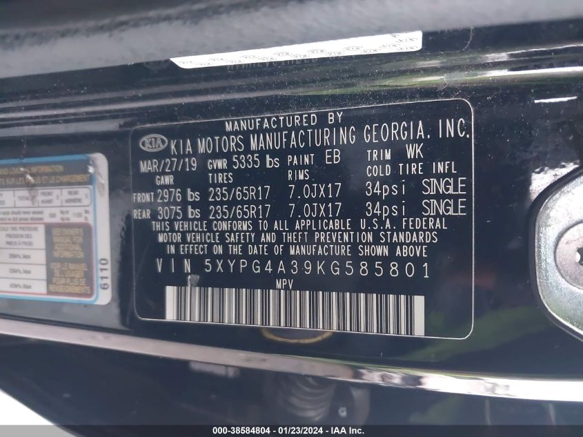 2019 KIA SORENTO L/LX - 5XYPG4A39KG585801