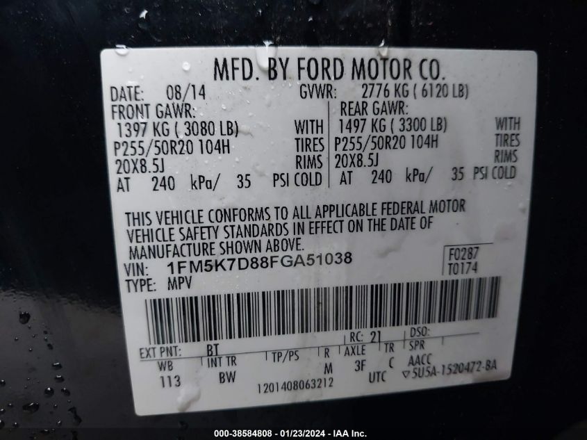 2015 FORD EXPLORER XLT - 1FM5K7D88FGA51038