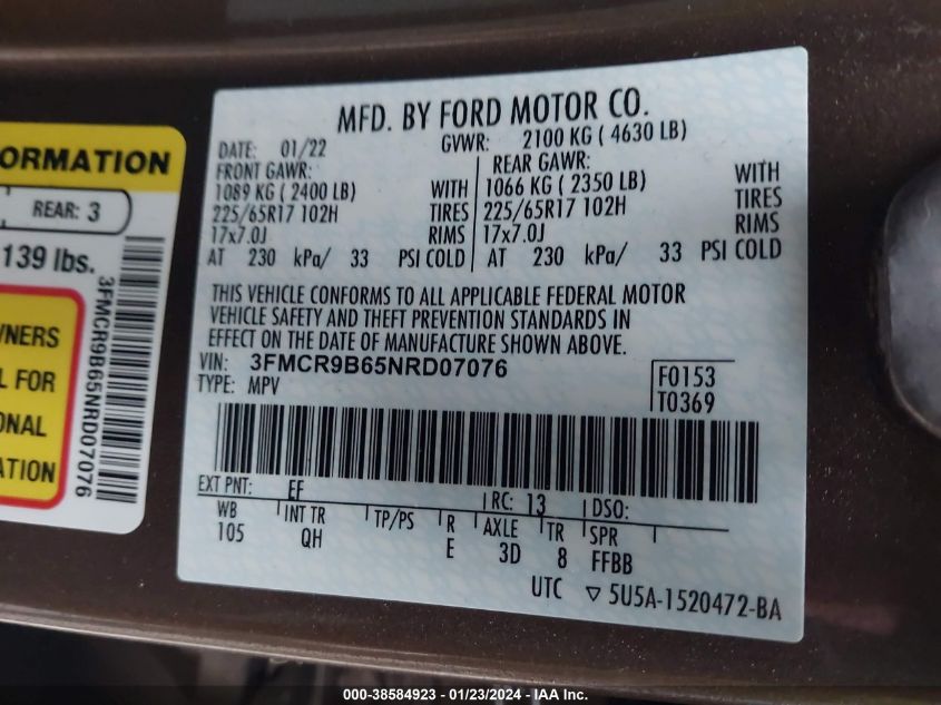 2022 FORD BRONCO SPORT BIG BEND - 3FMCR9B65NRD07076