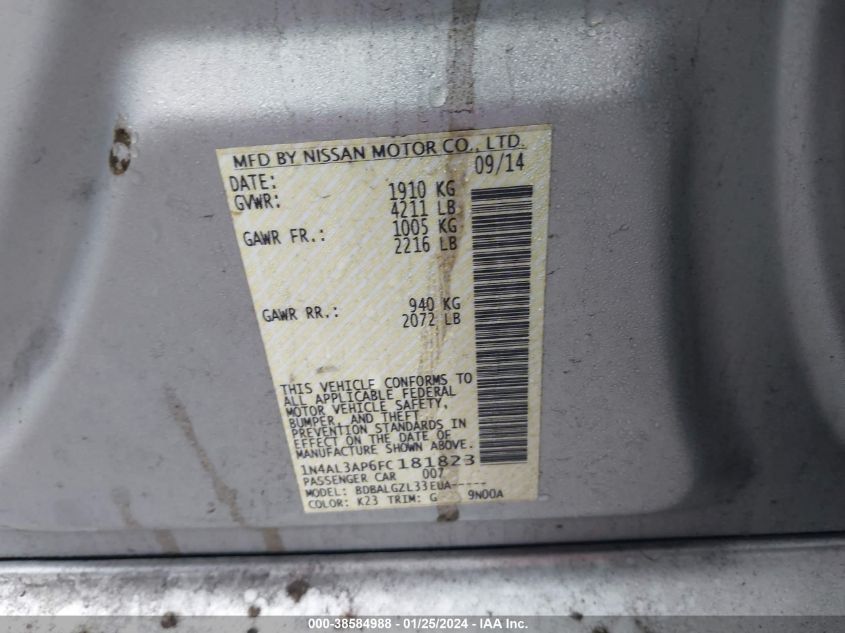 2015 NISSAN ALTIMA 2.5/2.5 S/2.5 SL/2.5 SV - 1N4AL3AP6FC181823
