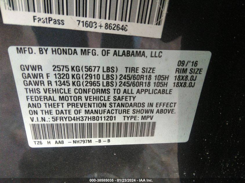 2017 ACURA MDX 3.5L (A9) - 5FRYD4H37HB011201