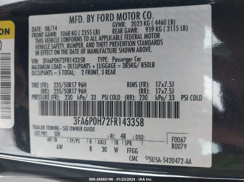 2015 FORD FUSION SE - 3FA6P0H72FR143358