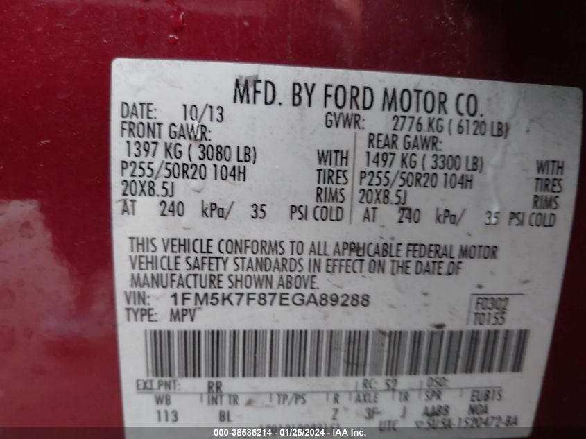 2014 FORD EXPLORER LIMITED - 1FM5K7F87EGA89288