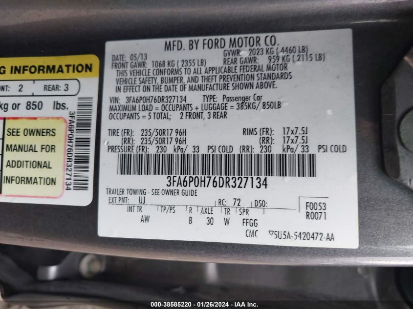 2013 FORD FUSION SE - 3FA6P0H76DR327134