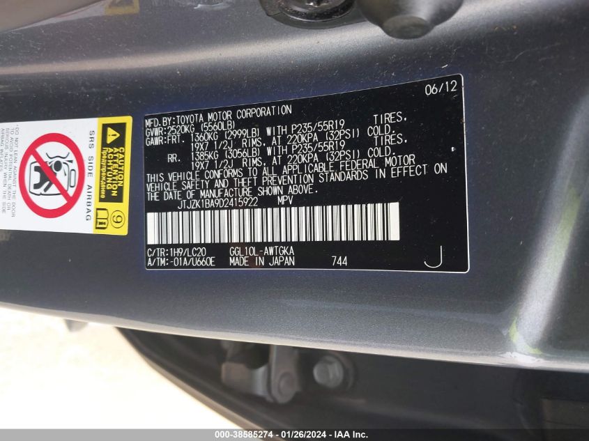 2013 LEXUS RX 350 350 - JTJZK1BA9D2415922