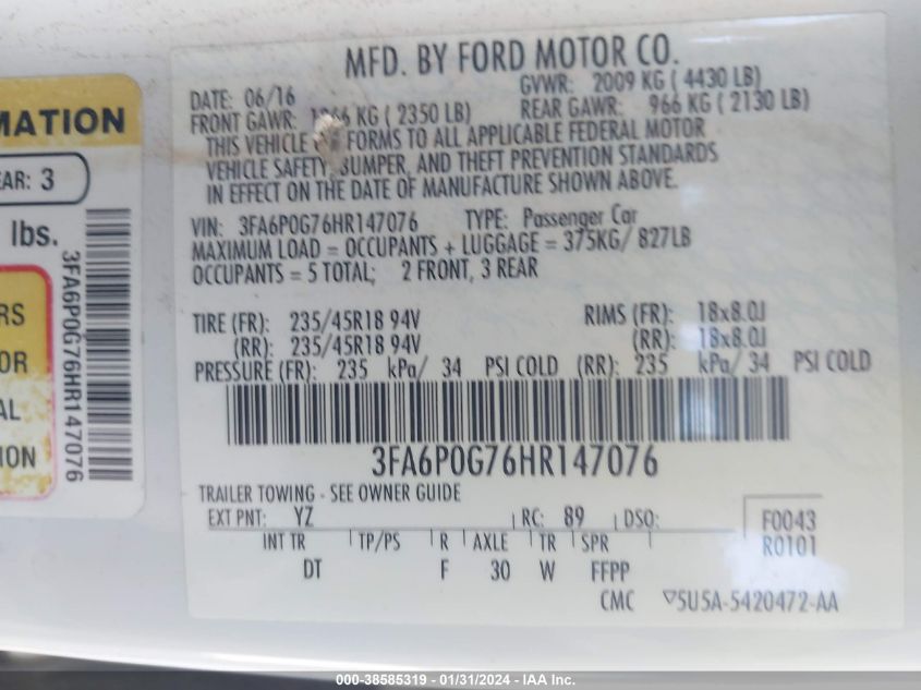 2017 FORD FUSION S - 3FA6P0G76HR147076