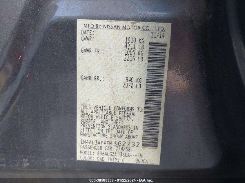 2015 NISSAN ALTIMA 2.5 S - 1N4AL3AP4FN362732