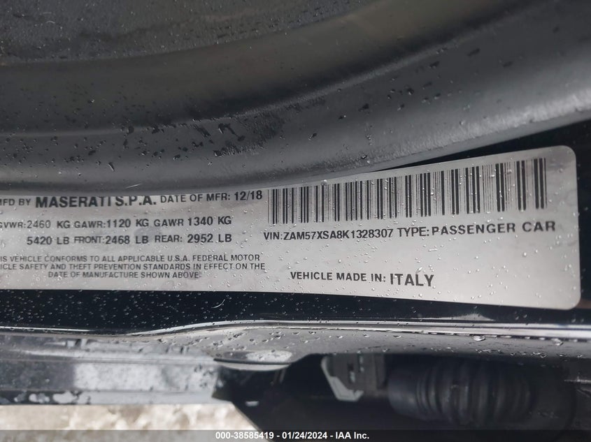 VIN ZAM57XSA8K1328307 2019 MASERATI GHIBLI