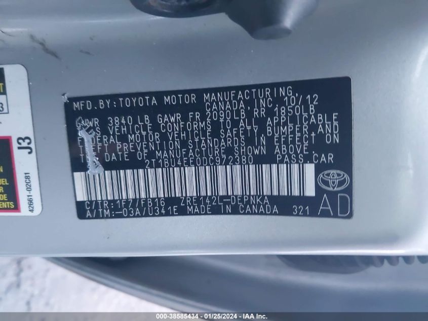 2013 TOYOTA COROLLA LE - 2T1BU4EE0DC972380