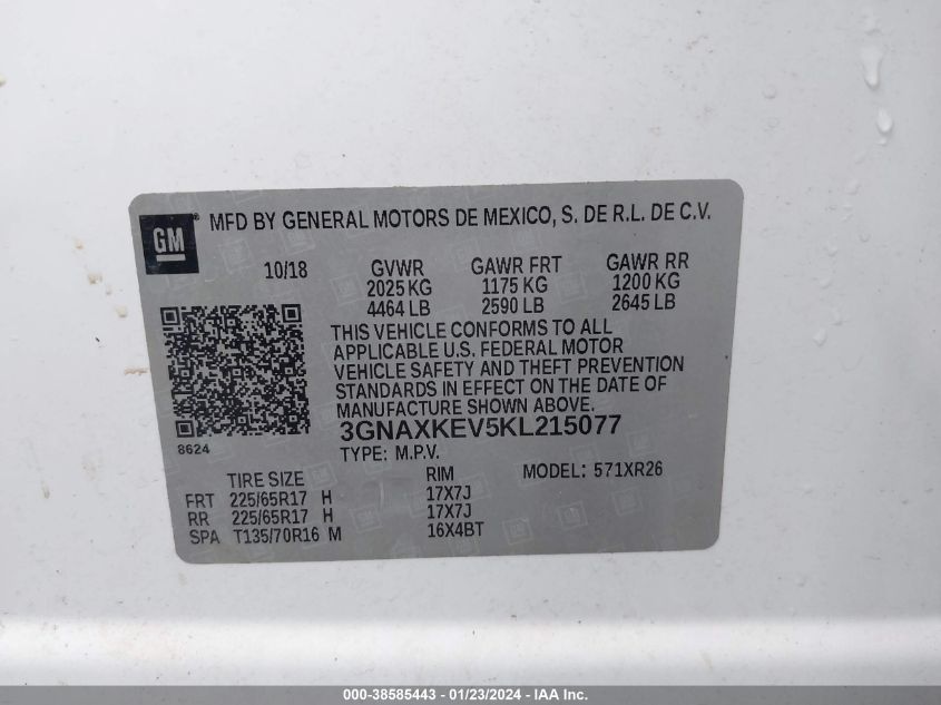 2019 CHEVROLET EQUINOX LT - 3GNAXKEV5KL215077