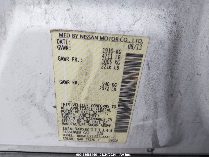 2014 NISSAN ALTIMA 2.5/S/SV/SL - 1N4AL3APXEC111143