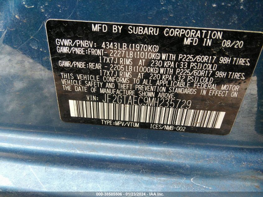 VIN JF2GTAEC9MH235729 2021 SUBARU CROSSTREK PREMIUM