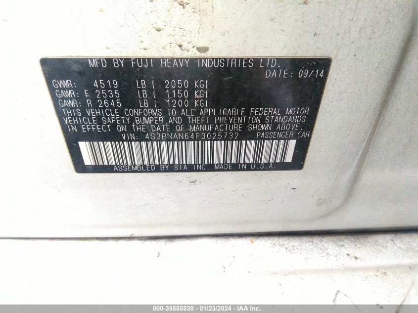 2015 SUBARU LEGACY 2.5I LIMITED - 4S3BNAN64F3025732