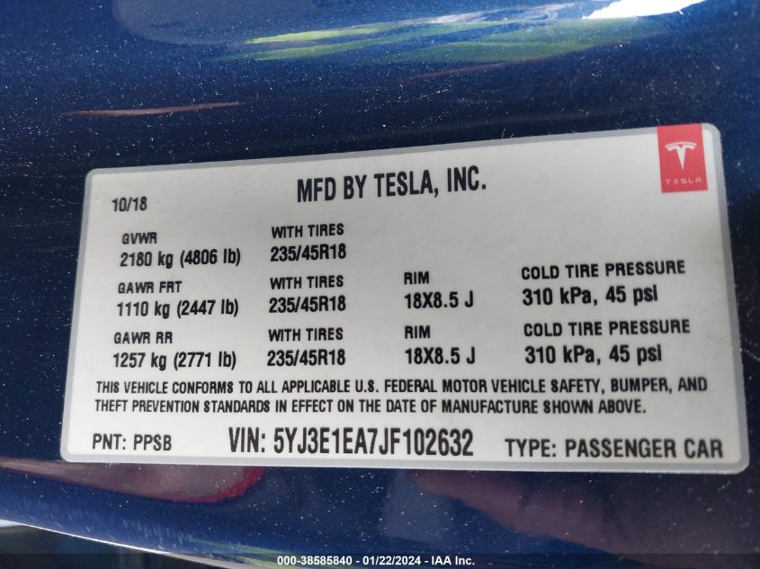 2018 TESLA MODEL 3 - 5YJ3E1EA7JF102632