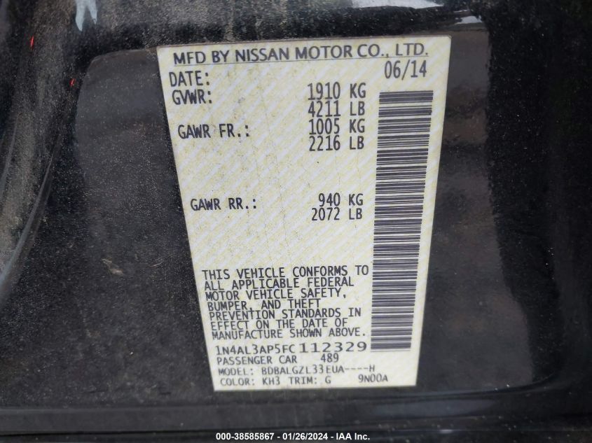 2015 NISSAN ALTIMA 2.5/S/SV/SL - 1N4AL3AP5FC112329