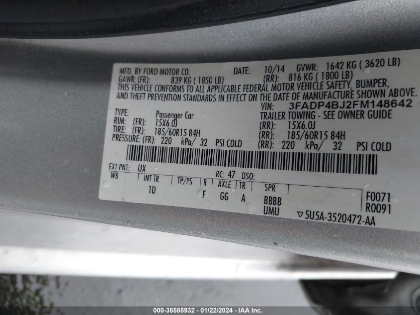 2015 FORD FIESTA SE - 3FADP4BJ2FM148642