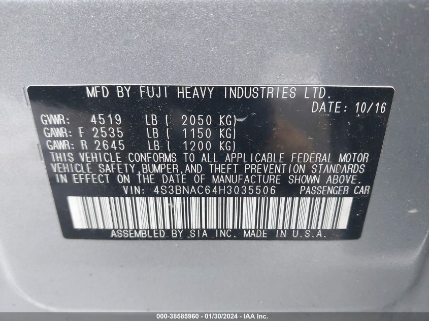 2017 SUBARU LEGACY 2.5I PREMIUM - 4S3BNAC64H3035506