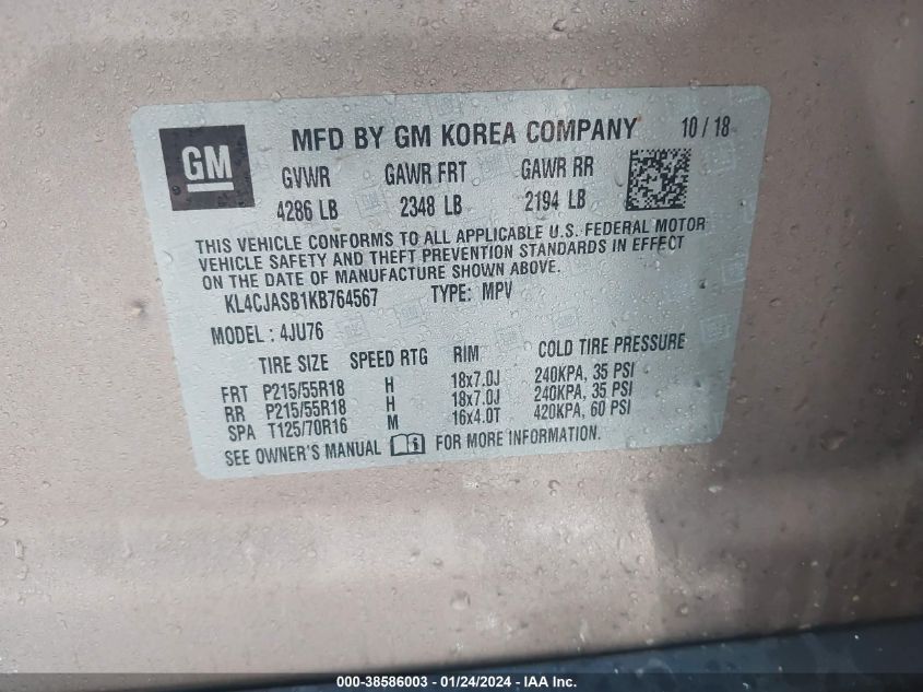 2019 BUICK ENCORE PREFERRED - KL4CJASB1KB764567